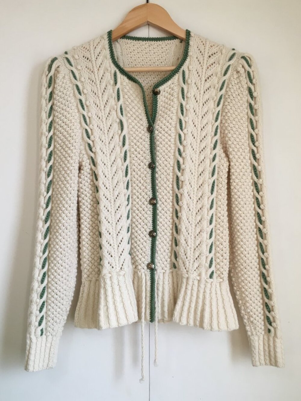 VTG Hand Knit Peplum Cardigan Sweater Cream Sage Green Cable Whimsigoth S